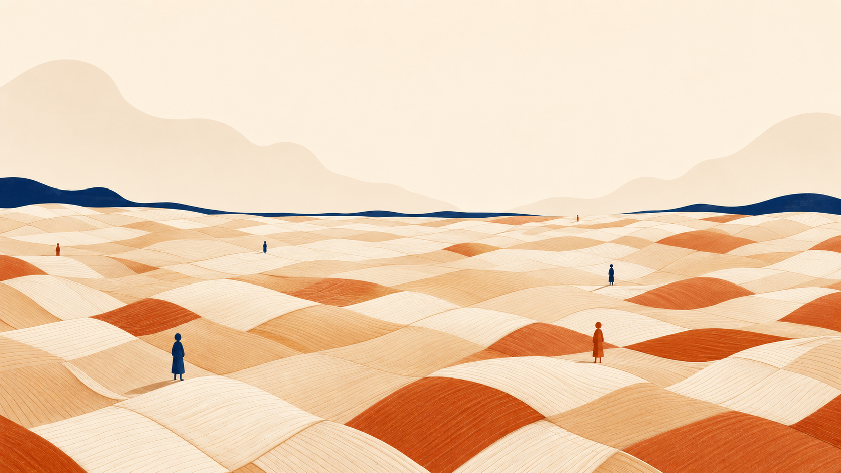 A handwoven cotton landscape of rolling fields under a pale sky, with distant figures standing among the furrows